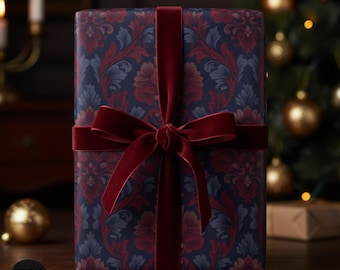 Dark Baroque Wrapping Paper, Burgundy & Navy Christmas Gift Wrap, Timeless Elegance