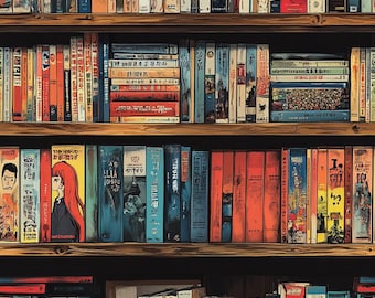 Op de afbeelding: Een boekenkast gevuld met kleurrijke boeken. De boeken zijn georganiseerd op kleur en genre. De boekenkast is gemaakt van hout en heeft een donkerbruine afwerking.
