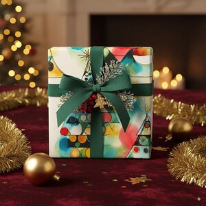 Abstract Christmas Wrapping Paper Colorful Gift Wrap Holiday Paper Festive Gift Wrap Geometric Christmas Tree Design Christmas Art Paper image 3