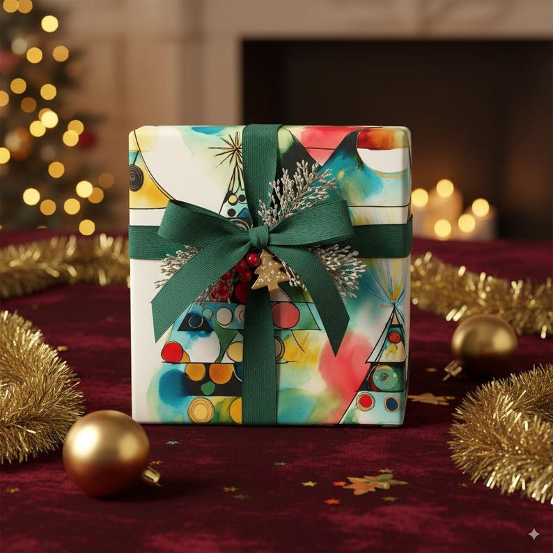 Abstract Christmas Wrapping Paper Colorful Gift Wrap Holiday Paper Festive Gift Wrap Geometric Christmas Tree Design Christmas Art Paper image 3