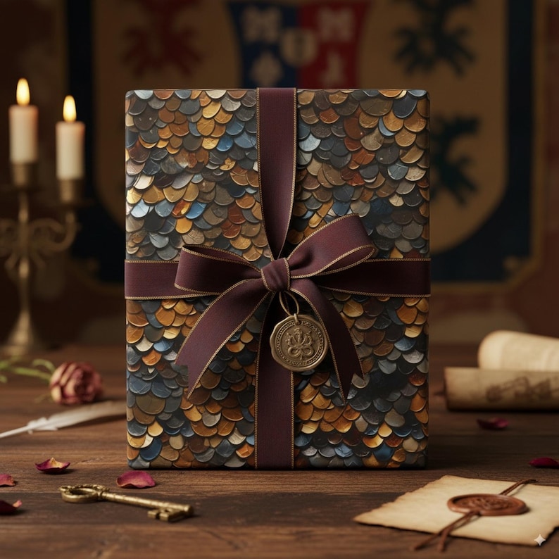 Metallic Dragon Scale Wrapping Paper: Luxury Fantasy Gift Wrap, Medieval image 2