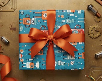 Retro Robot Gift Wrapping Paper: Vibrant Blue Robotics Design, 1950s Artificial Intelligence