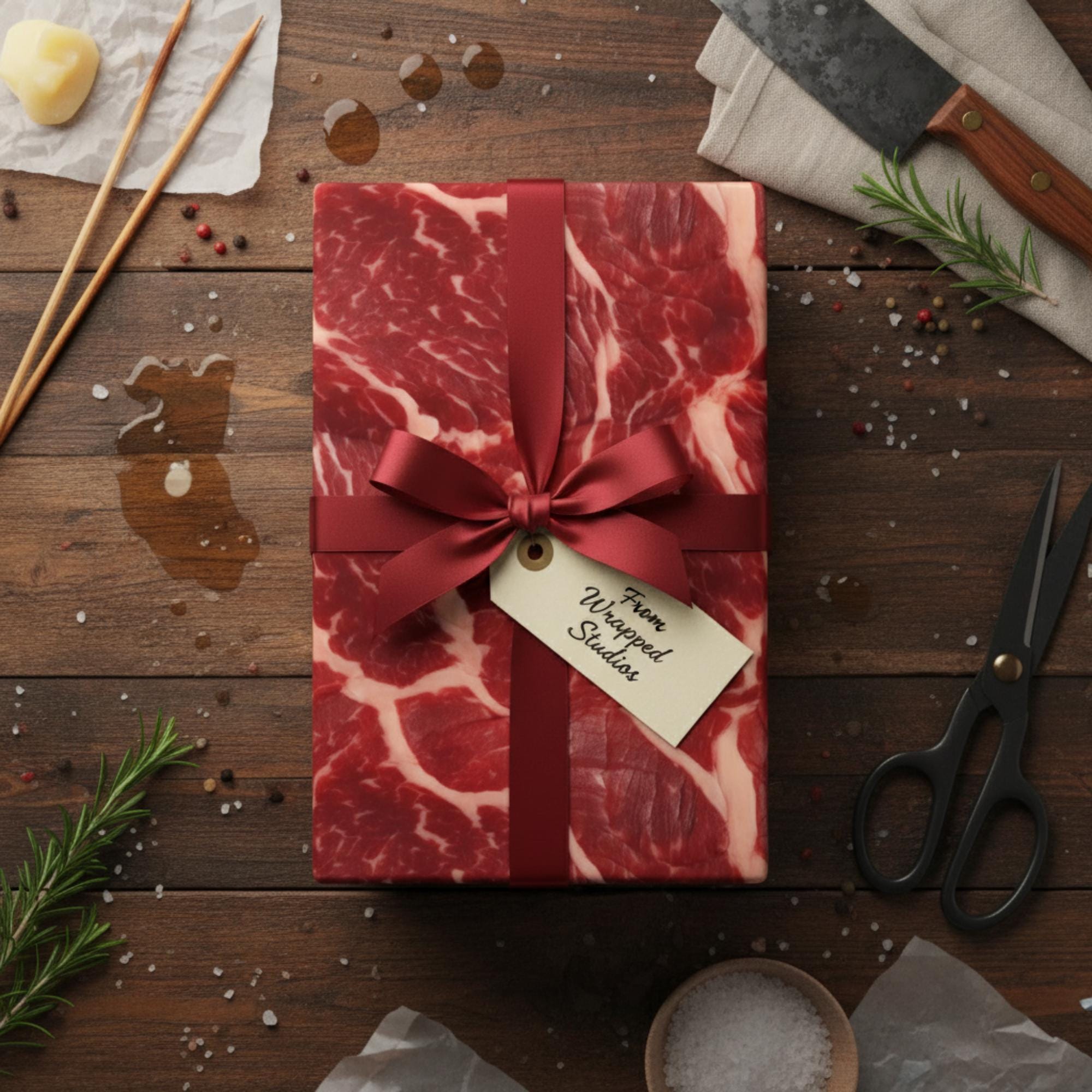 肉好きのためのギフトラッピングペーパー：鮮やかな赤牛肉のデザイン