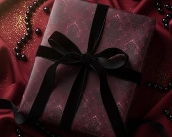 Burgundy Damask Wrapping Paper: Elegant Dark Christmas Gift Wrap