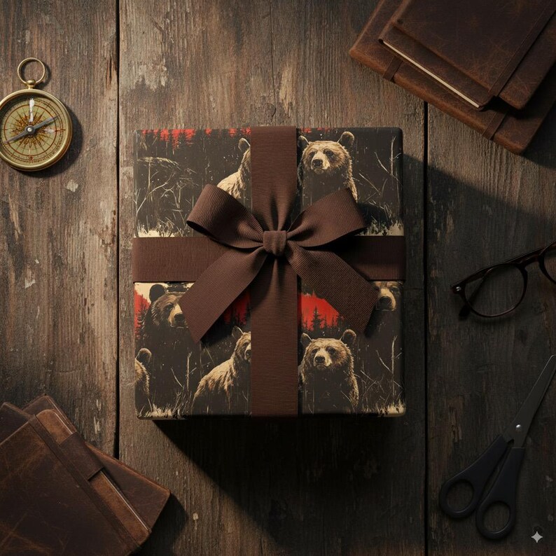 Rustic Brown Bear Wrapping Paper: Nature Forest Gift Wrap, Wilderness Camping Gift image 3