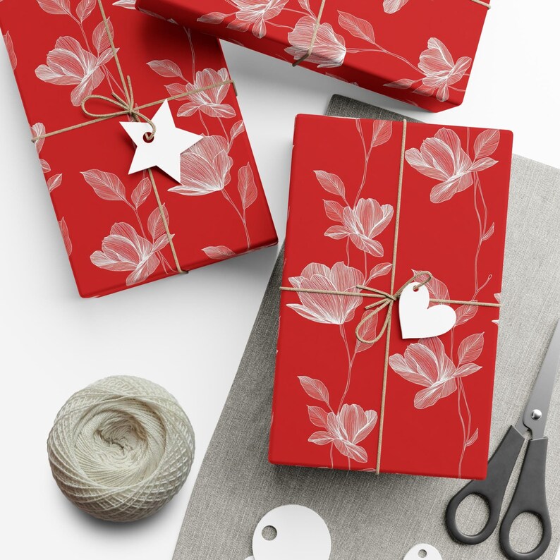 Red Floral Gift Wrap: Elegant Flower Print Wrapping Paper, Minimalist image 5