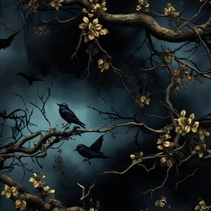 May include: A dark blue background with a pattern of bare branches and gold leaves.  Four black birds are perched on the branches.