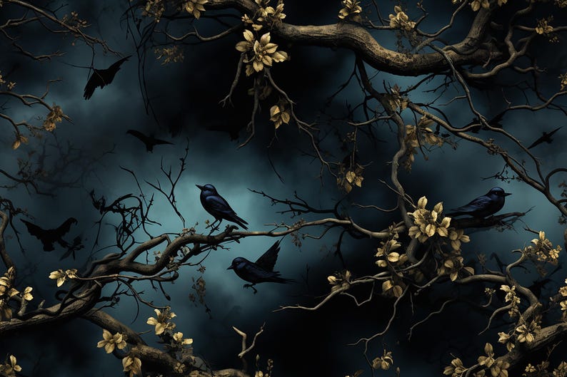 May include: A dark blue background with a pattern of bare branches and gold leaves.  Four black birds are perched on the branches.