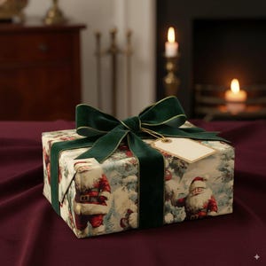 May include: A wrapped gift box with festive Christmas-themed wrapping paper featuring Santa Claus illustrations. The box is adorned with a dark green velvet ribbon and bow, and a blank tag. The overall color scheme is red, green, and white.