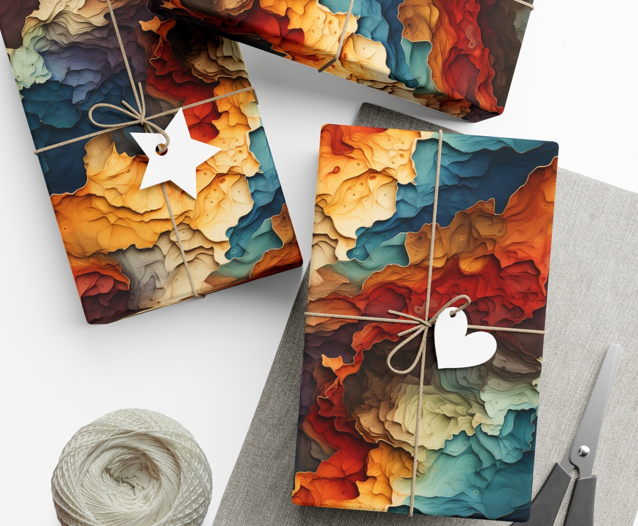 Cool Colorful Abstract Wrapping Paper Vibrant Red Rust and Orange Waves Gift Wrap Rainbow Rustic Earth Art Design Layered Jewel Tone colors