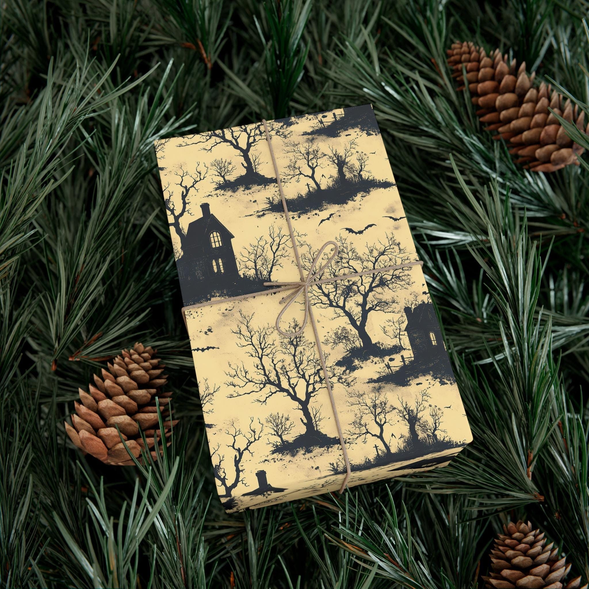 Haunted House Wrapping Paper Halloween Gift Wrap Creepy Gift Wrap Spooky Yellow 1940s Pattern Scary Tree Halloween Cream Party Paper Roll