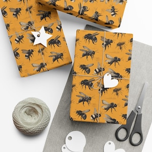 Honeybee Illustration Wrapping Paper Vintage Style Gift Wrap Warm Yellow Black Sketch Paper Perfect for Birthdays Holidays Eco Friendly