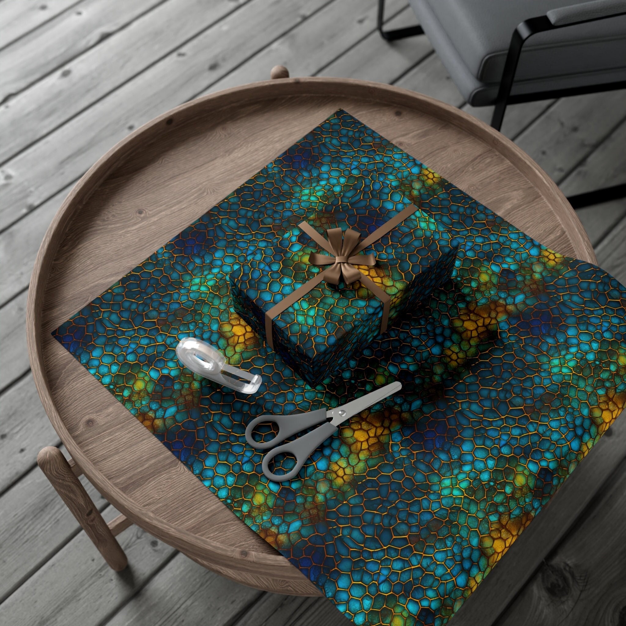 Luxurious Gift Wrap Blue Mosaic Gold Navy Teal Gift Wrap Blue Abstract Art Wrapping Paper Vibrant Design Hexagon Geometric Formal Elegant