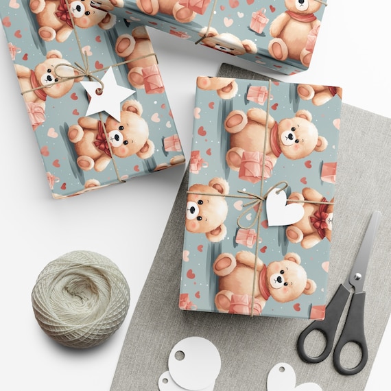 Baby Shower Wrapping Paper Cheerful Teddy Bear Gift Wrap Paper Pastel  Hand-drawn Teddy Bears Pattern Pink Gift Box Design Baby Shower Paper 