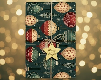 May include: A wrapped present with a dark teal background and a pattern of Christmas baubles in red, gold, and teal. The gift is tied with twine and a gold star tag that reads "Merry & Bright".