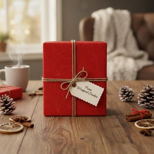 May include: A red gift box wrapped with twine and a tag that reads "From Wrapped Studios." The box is decorated with a floral pattern. The scene includes pine cones, cinnamon sticks, and a mug of hot beverage.