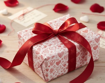 Red Heart & Floral Gift Wrap: Valentine's Day Wrapping Paper