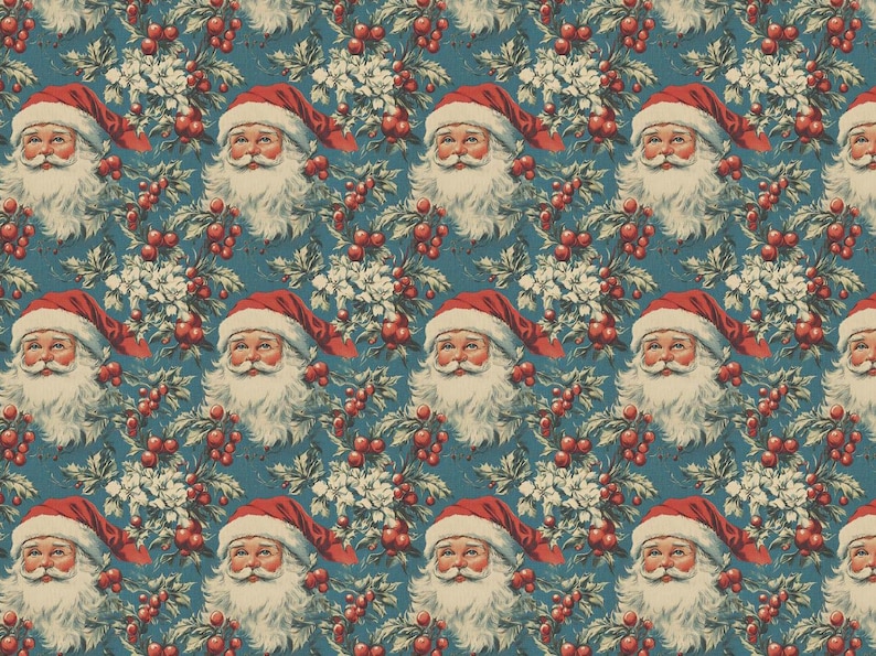 Vintage Santa Claus Blue Christmas Wrapping Paper – Festive Gift Wrap Roll image 7