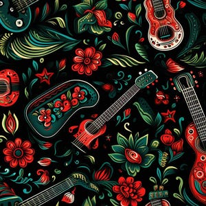 Puede incluir: Un patr&oacute;n sin costuras que presenta guitarras coloridas y dise&ntilde;os florales. Las guitarras est&aacute;n decoradas con detalles intrincados y colores vibrantes, incluyendo rojo, verde y azul. Los dise&ntilde;os florales tambi&eacute;n son coloridos e intrincados, con una variedad de flores y hojas.