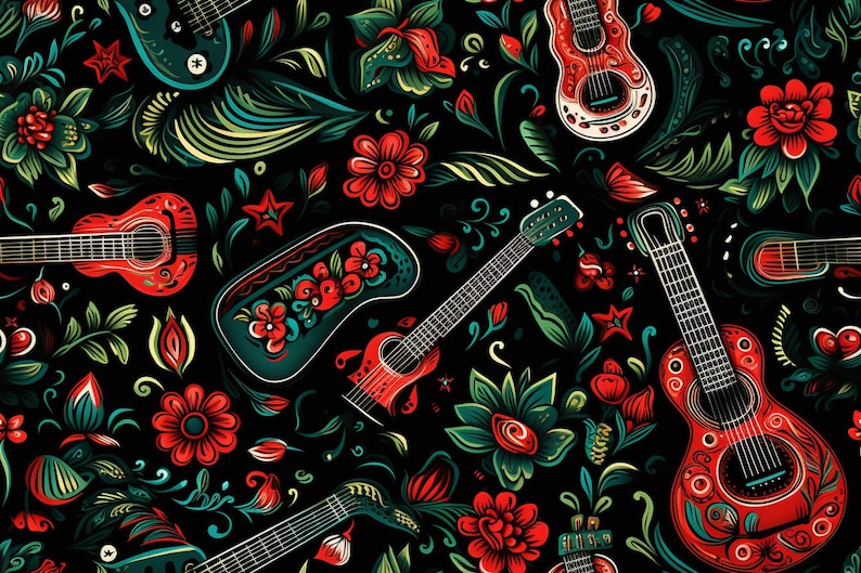 Puede incluir: Un patr&oacute;n sin costuras que presenta guitarras coloridas y dise&ntilde;os florales. Las guitarras est&aacute;n decoradas con detalles intrincados y colores vibrantes, incluyendo rojo, verde y azul. Los dise&ntilde;os florales tambi&eacute;n son coloridos e intrincados, con una variedad de flores y hojas.
