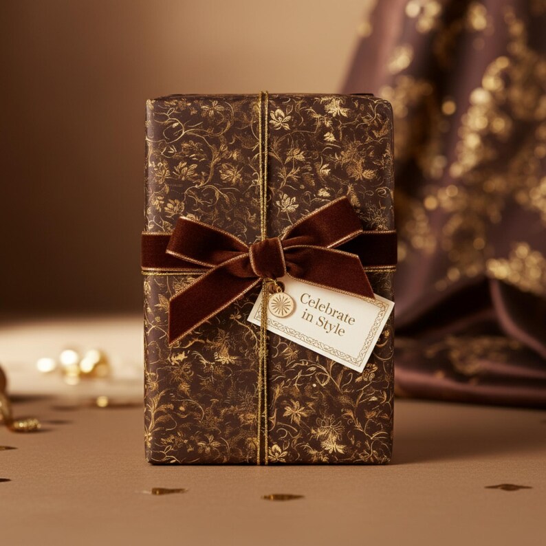 May include: A wrapped gift box with brown floral patterned paper and a dark brown velvet ribbon. A tag with the words "Celebrate in Style" hangs from the ribbon. The gift is tied with gold string.