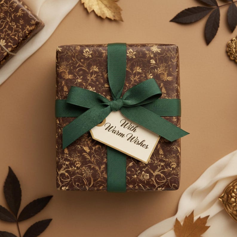 May include: A wrapped gift box with a brown floral pattern and a dark green ribbon and bow. A tag that says "With Warm Wishes" is attached to the bow. The gift is on a tan surface with decorative leaves.