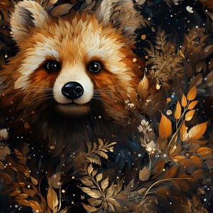 May include: A red panda with a fluffy orange and brown coat peeks out from behind a cluster of golden leaves and flowers. The background is a dark blue with a subtle sparkle effect.