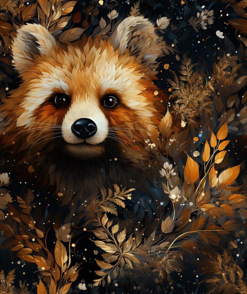 May include: A red panda with a fluffy orange and brown coat peeks out from behind a cluster of golden leaves and flowers. The background is a dark blue with a subtle sparkle effect.