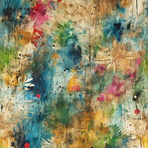 May include: Abstract painting with a textured background in shades of brown, yellow, and blue. The painting features splashes of red, pink, and green paint, creating a vibrant and colorful composition.