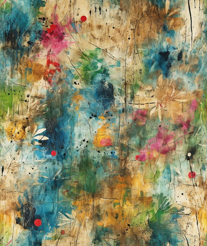 May include: Abstract painting with a textured background in shades of brown, yellow, and blue. The painting features splashes of red, pink, and green paint, creating a vibrant and colorful composition.