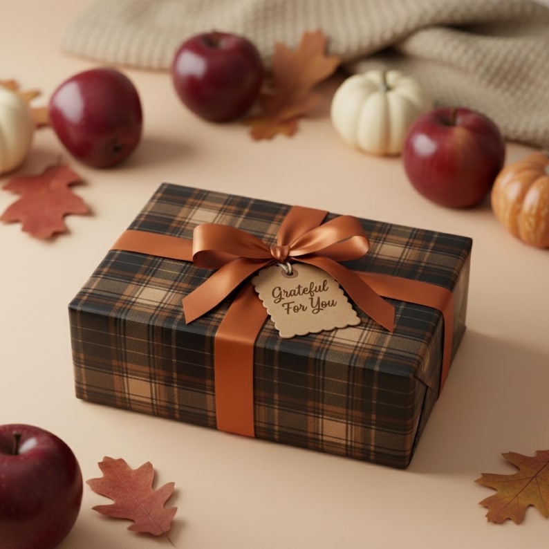 Puede incluir: Una caja de regalo envuelta en papel a cuadros marr&oacute;n, atada con una cinta y un lazo color &oacute;xido. Una etiqueta que dice "Grateful For You" cuelga del lazo. La escena incluye manzanas rojas, peque&ntilde;as calabazas y hojas de oto&ntilde;o.