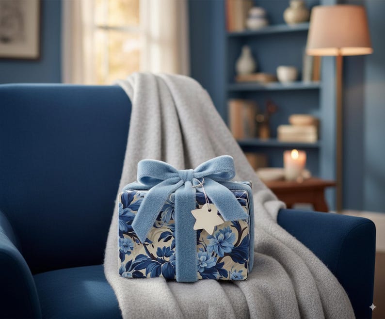 Papel de regalo de boda con diseño floral azul y elegante estampado floral. imagen 3
