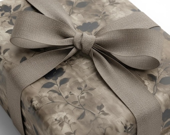Papel de regalo botánico neutro / Gris, negro, marrón y beige / Papel de regalo floral de lujo