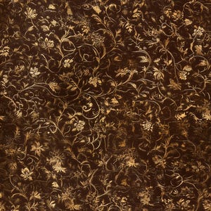 May include: A dark brown background with a repeating pattern of gold floral vines and flowers. The design has a textured appearance, with variations in the gold and brown tones, creating a vintage or antique aesthetic.