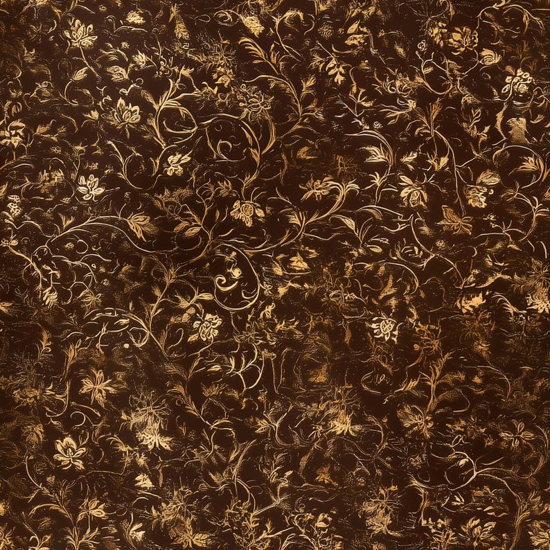 May include: A dark brown background with a repeating pattern of gold floral vines and flowers. The design has a textured appearance, with variations in the gold and brown tones, creating a vintage or antique aesthetic.