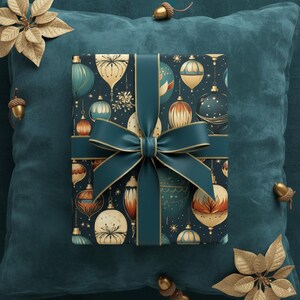 Earth Tone Christmas Wrapping Paper Elegant Brown and Blue Holiday Ornament Gift Wrap Roll Vintage Inspired Design Luxury Retro Paper Rust