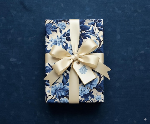Blue Floral Wedding Gift Wrap, Elegant Flower Pattern