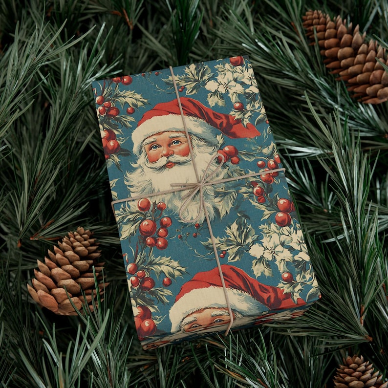 Vintage Santa Claus Blue Christmas Wrapping Paper – Festive Gift Wrap Roll image 3