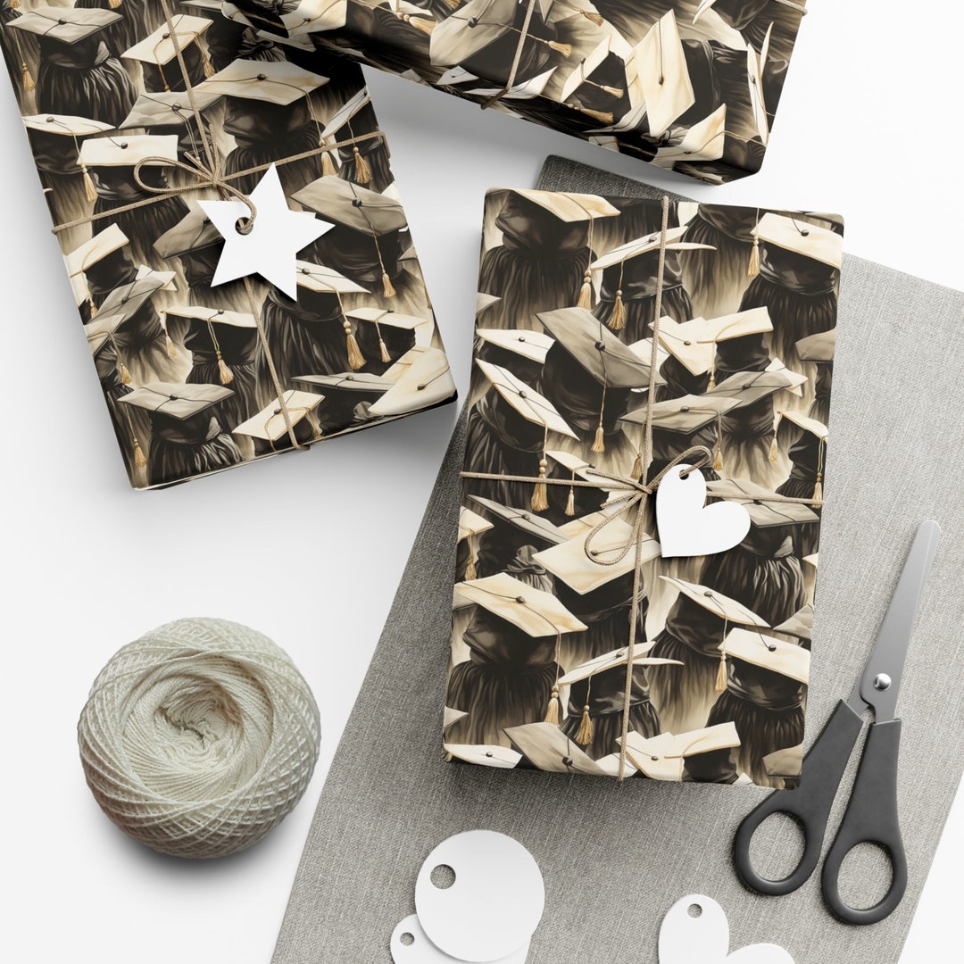 Graduation Gift Wrap Cap and Gown Sepia Pattern Graduation Wrapping ...
