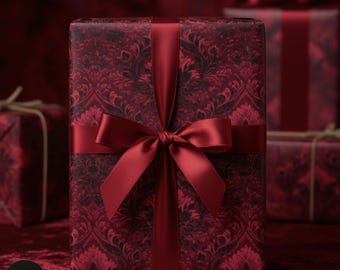 Vintage Ornate Christmas Wrapping Paper, Burgundy Damask Elegant Gift Wrap Roll, Deep Red Maroon