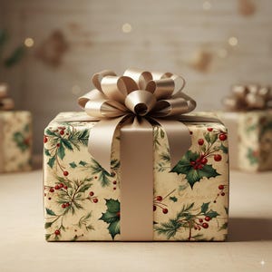 Vintage Holly Berry Wrapping Paper Realistic Leaves Red Berries Festive Christmas Design Parchment Antique Style Holiday Gift Wrap Roll