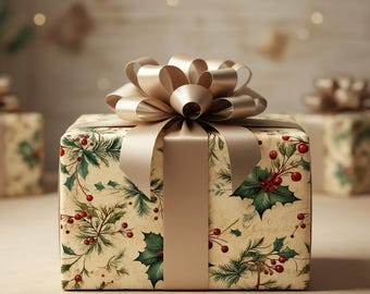Vintage Holly Berry Christmas Wrapping Paper, Festive Holiday Gift Wrap