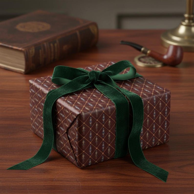 May include: A wrapped gift box with a dark brown patterned paper and a deep green velvet ribbon tied in a bow. The gift box is on a wooden surface, with a book and pipe in the background.