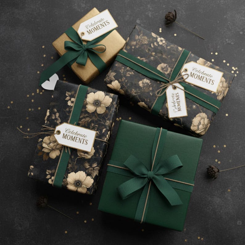 May include: Four wrapped gifts with tags that read "Celebrate Moments." The gifts are wrapped in gold, floral, and solid green paper. Each gift is tied with a green ribbon and twine. The background is dark with gold confetti.