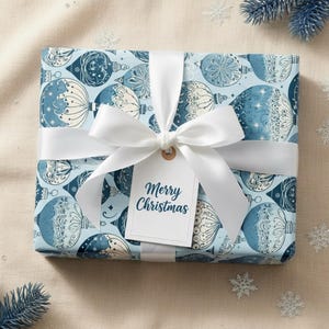 Vintage Inspired Christmas Wrapping Paper: Blue White Snowflake Ornament Design
