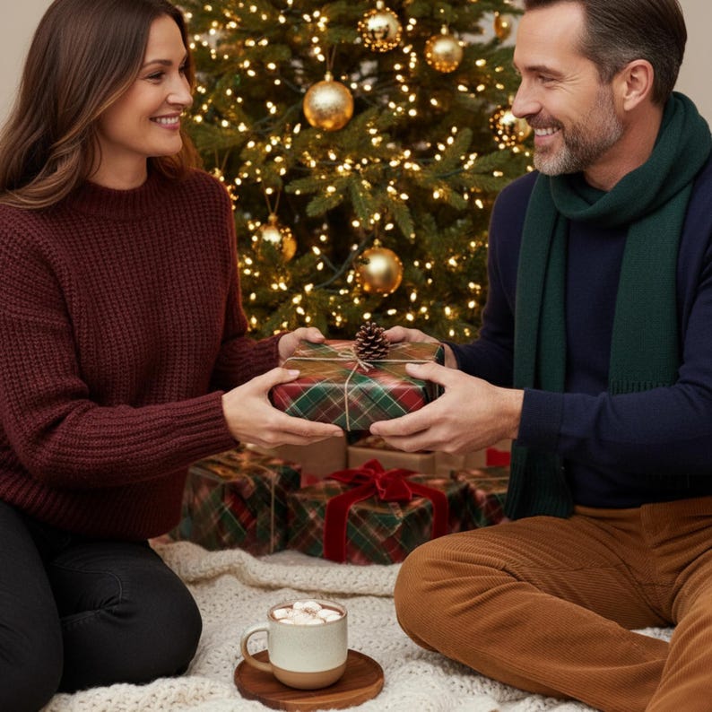 May include: A festive scene of a couple exchanging a Christmas present. The gift is wrapped in red and green plaid paper. A mug of hot chocolate sits on a wooden coaster in front of a Christmas tree.