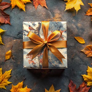 Op de afbeelding: Een cadeaudoos ingepakt in blauw en wit papier met een gouden lint en een vogelontwerp. De doos is omringd door herfstbladeren.