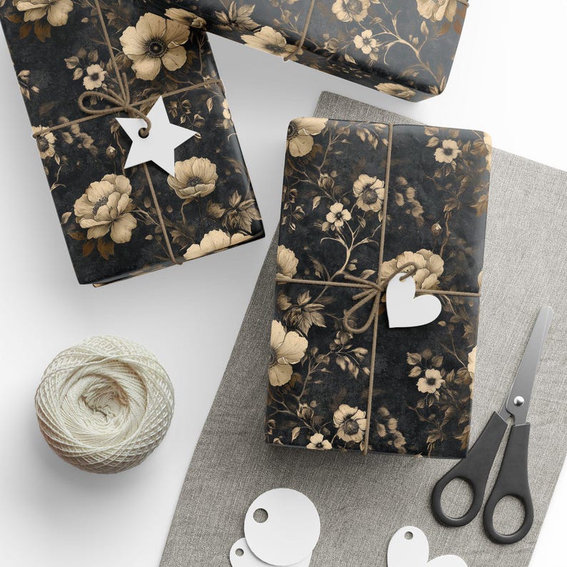 Charcoal Antique Gold Floral Wrapping Paper: Vintage Elegant Gift Wrap image 12