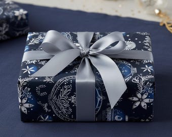 Royal Blue Christmas Wrapping Paper: Elegant Floral Ornament Design