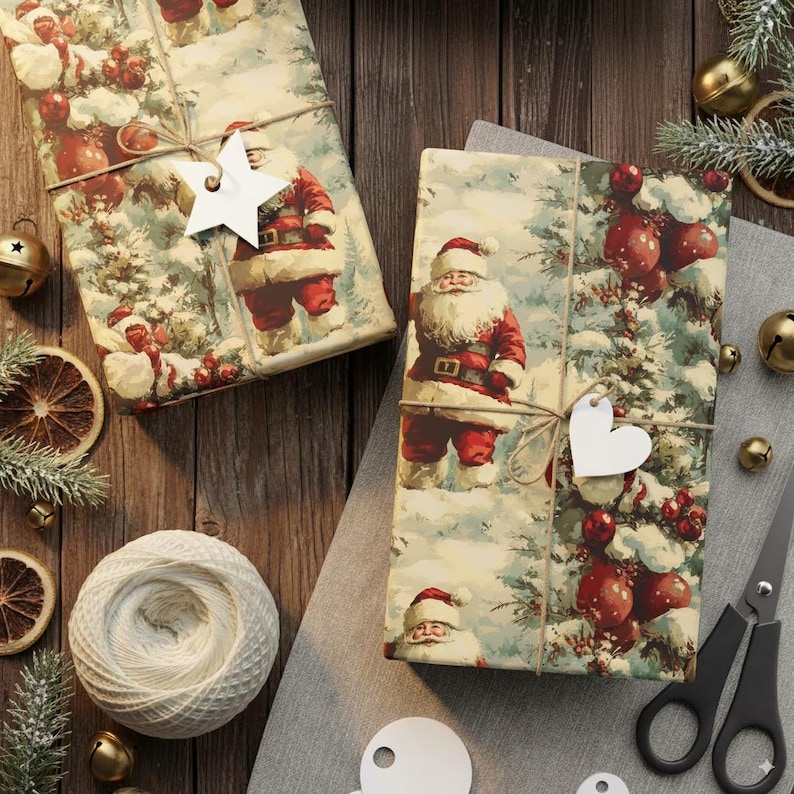 May include: Two wrapped Christmas gifts with Santa Claus illustrations on the wrapping paper. The gifts are tied with twine and adorned with star and heart-shaped tags. The scene includes bells, greenery, and a spool of white twine.